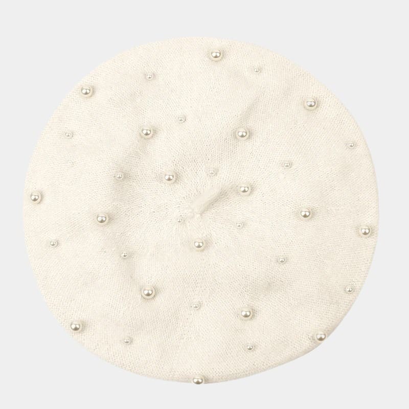 Béret avec perles en laine blanc