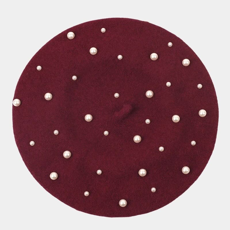 Béret avec perles en laine bordeaux