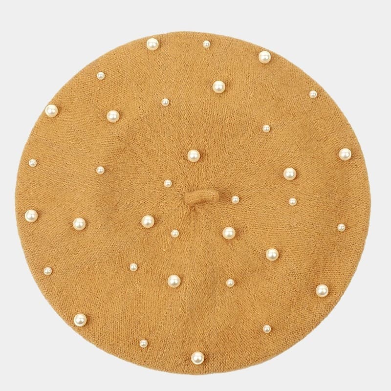 Béret avec perles en laine camel