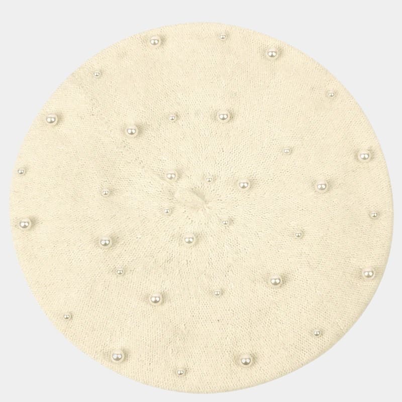 Béret avec perles en laine crème