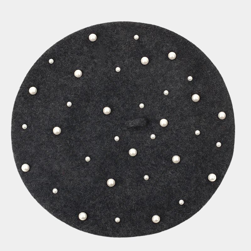 Béret avec perles en laine gris foncé