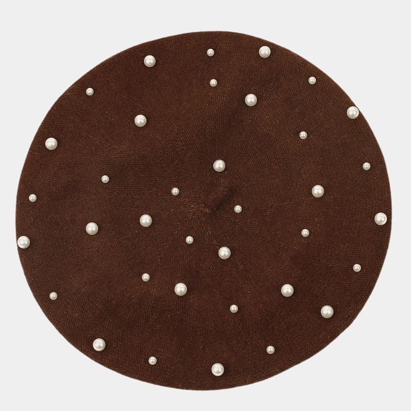 Béret avec perles en laine marron chocolat
