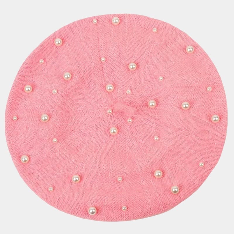 Béret avec perles en laine rose