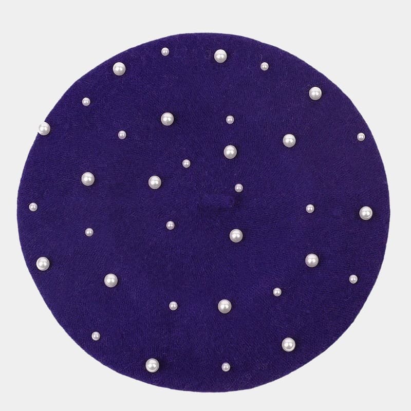 Béret avec perles en laine violet foncé