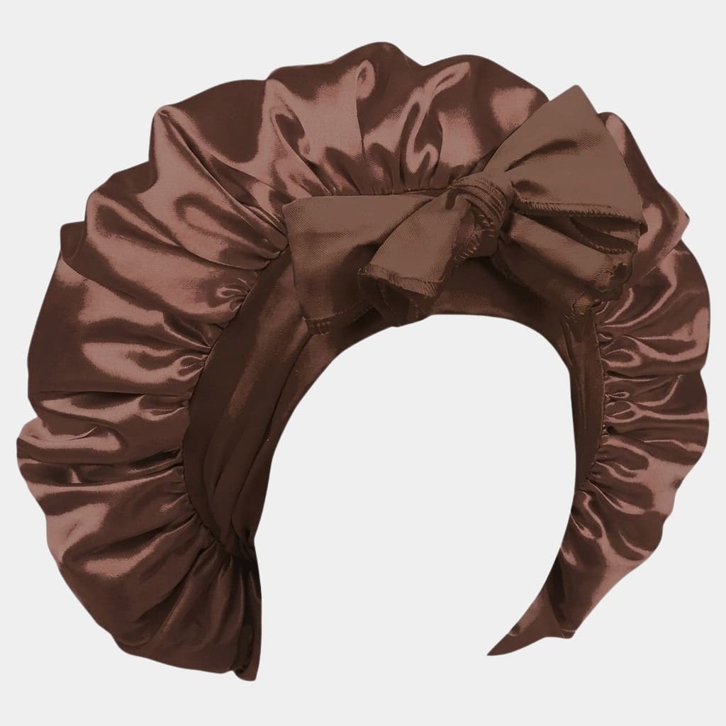 Bonnet de nuit en satin marron avec nœud ajustable