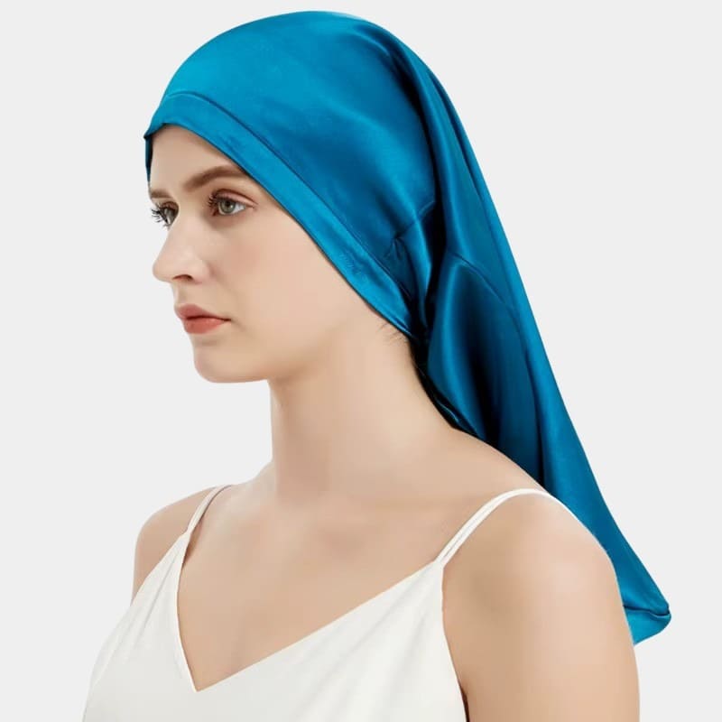 Bonnet de nuit en soie long bleu