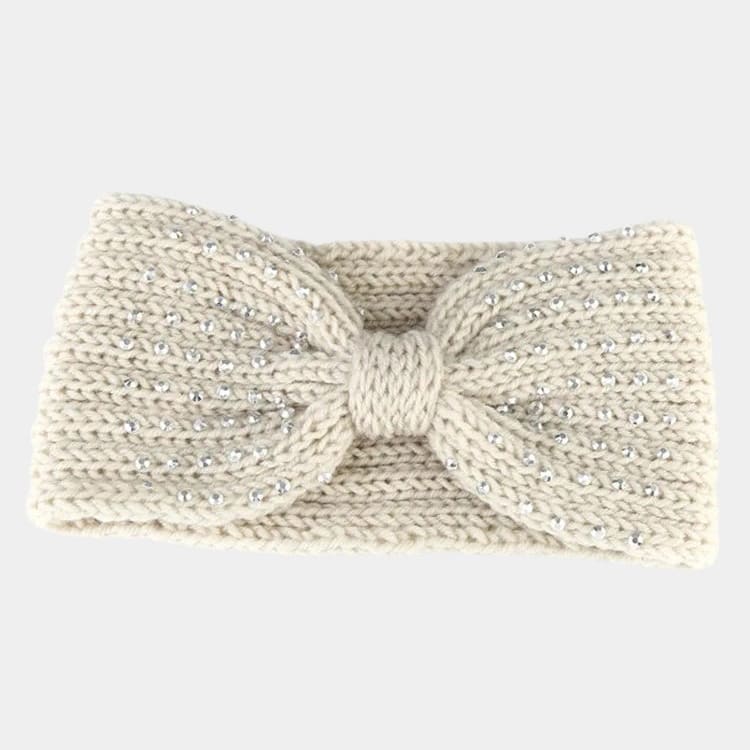 Bandeau en laine blanc avec perles et nœud