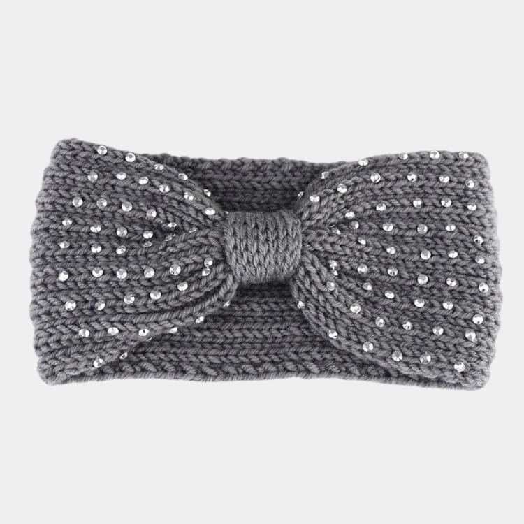 Bandeau en laine gris avec perles et nœud