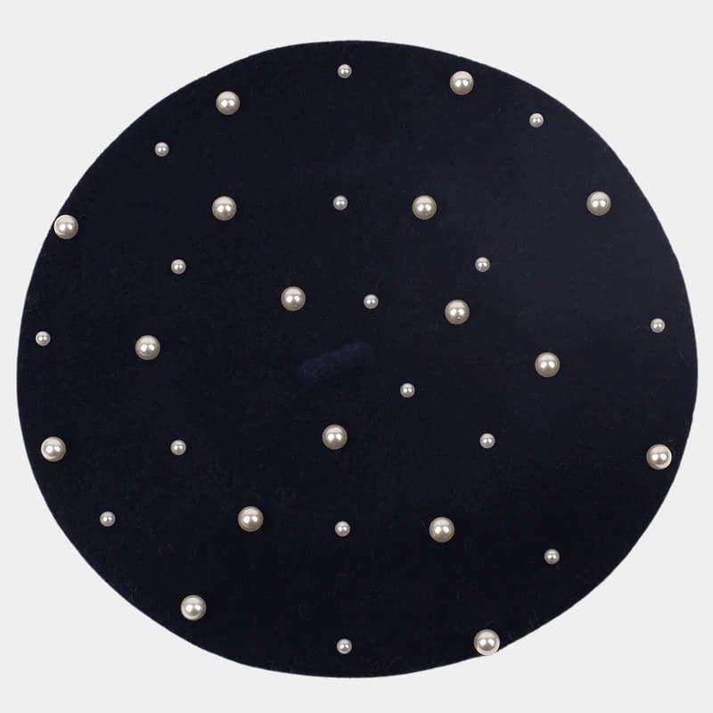 Béret avec perles en laine bleu nuit