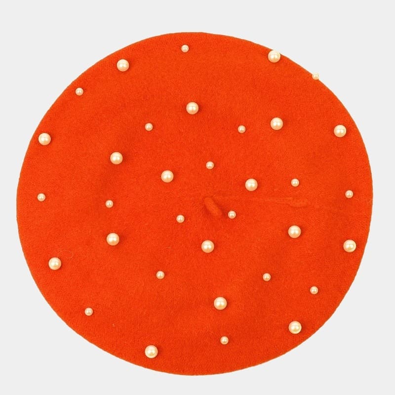 Béret avec perles en laine orange