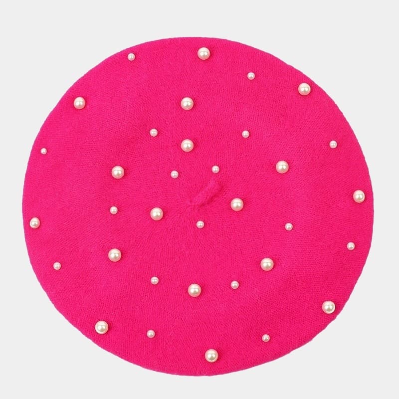 Béret avec perles en laine rose fuchsia