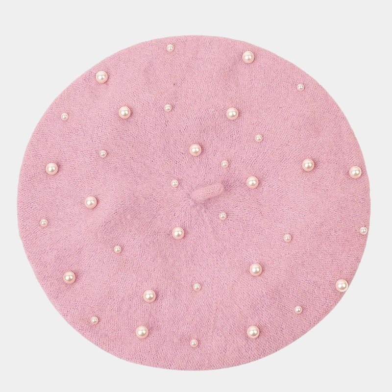 Béret avec perles en laine rose poudré