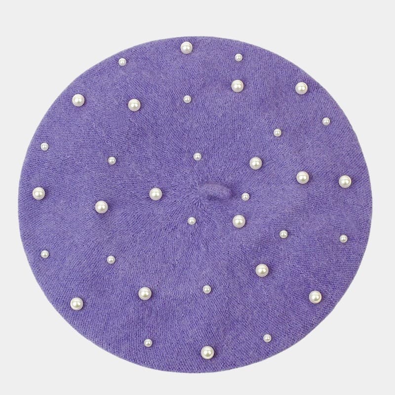 Béret avec perles en laine violet