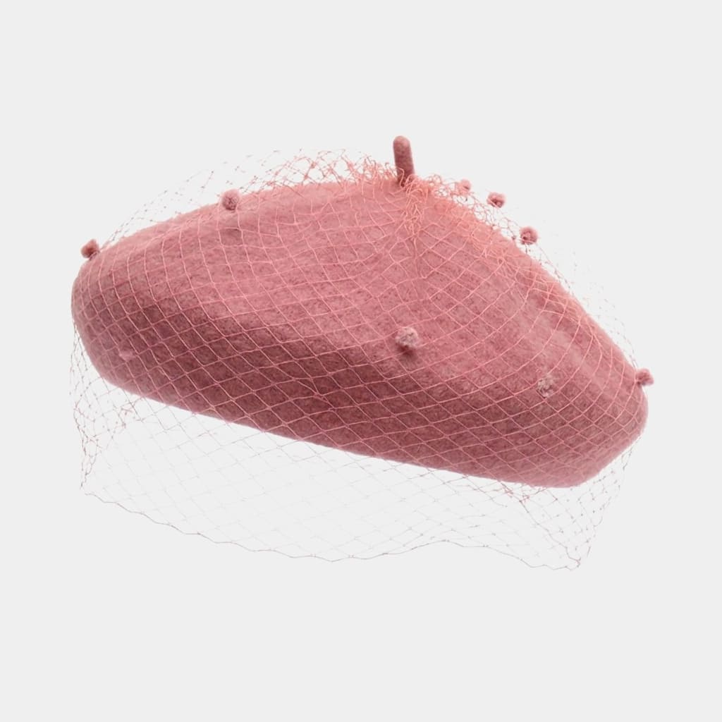 Béret voilette rose en laine