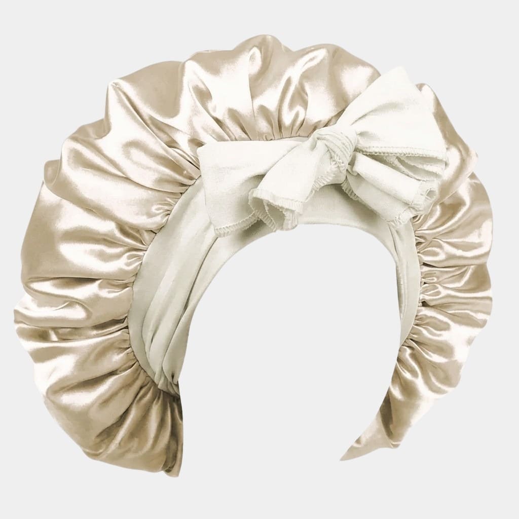Bonnet de nuit en satin beige avec nœud ajustable
