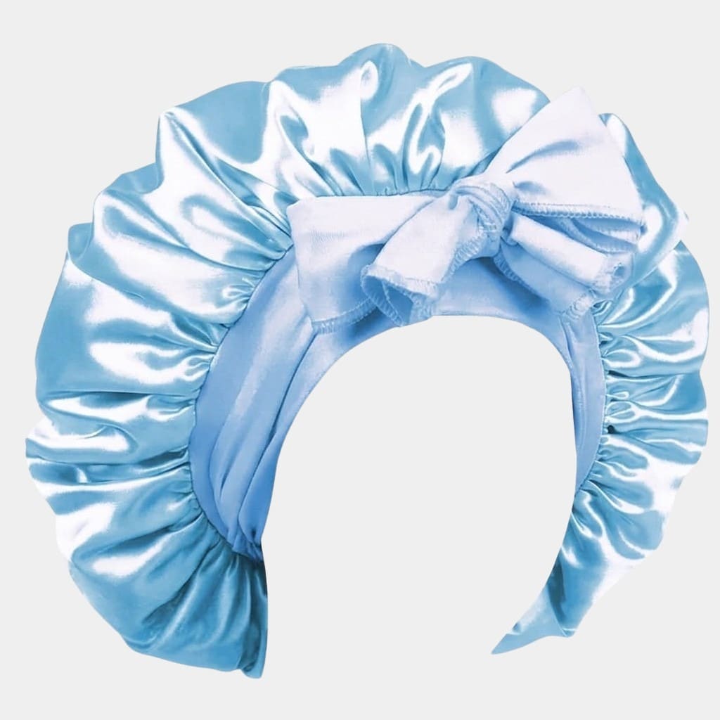 Bonnet de nuit en satin bleu clair avec nœud ajustable