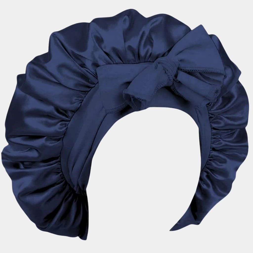 Bonnet de nuit en satin bleu marine avec nœud ajustable
