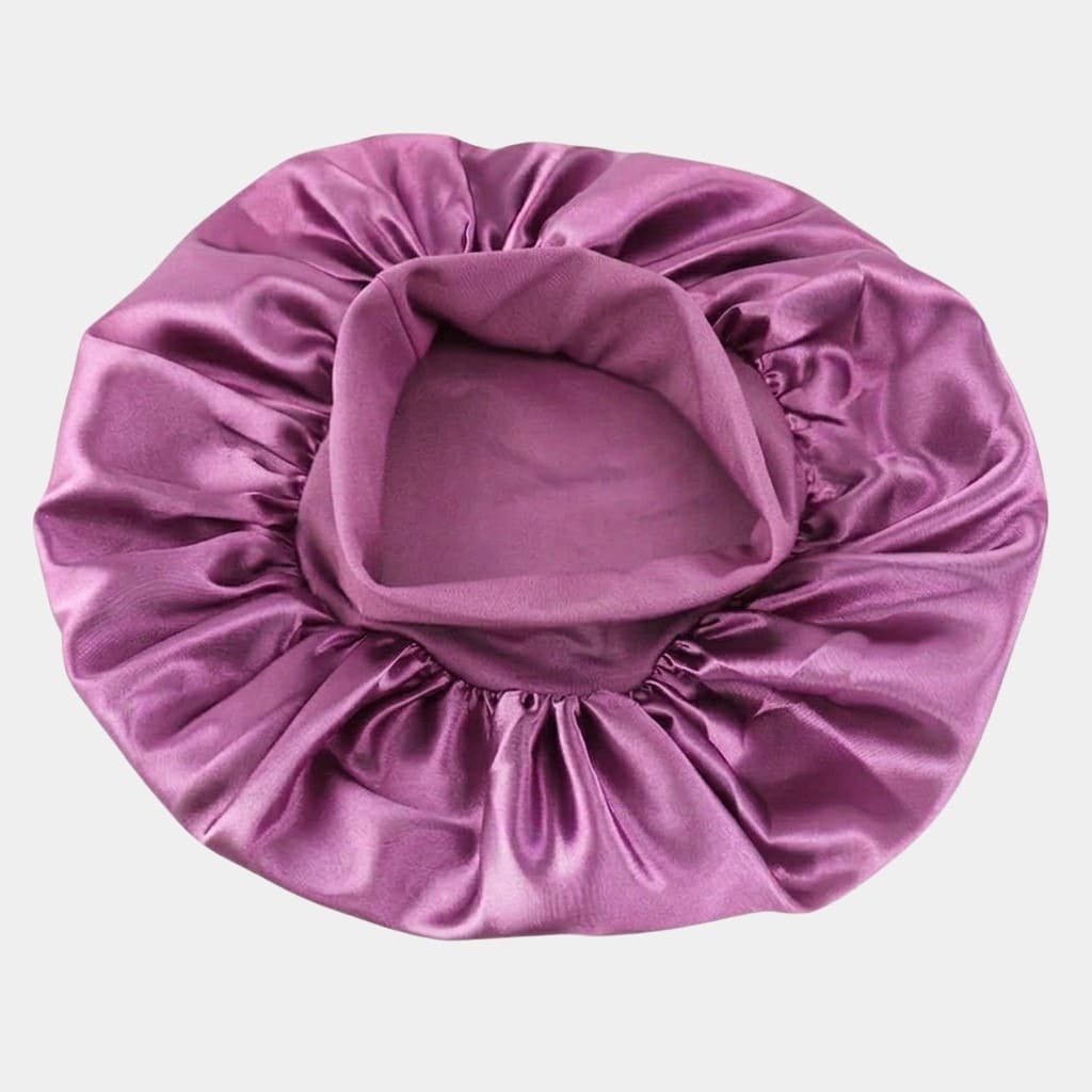 Bonnet de nuit en satin mauve avec bandeau