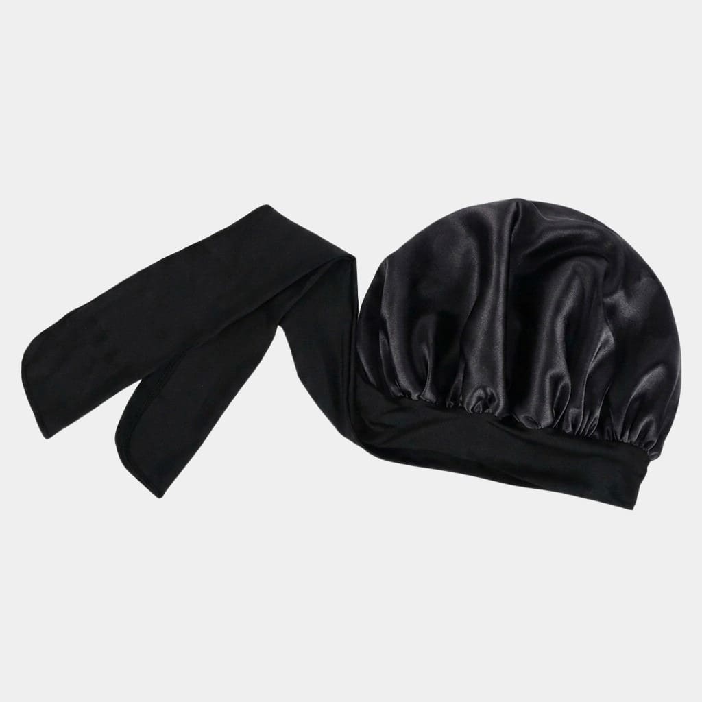 Bonnet de nuit en satin noir avec nœud ajustable
