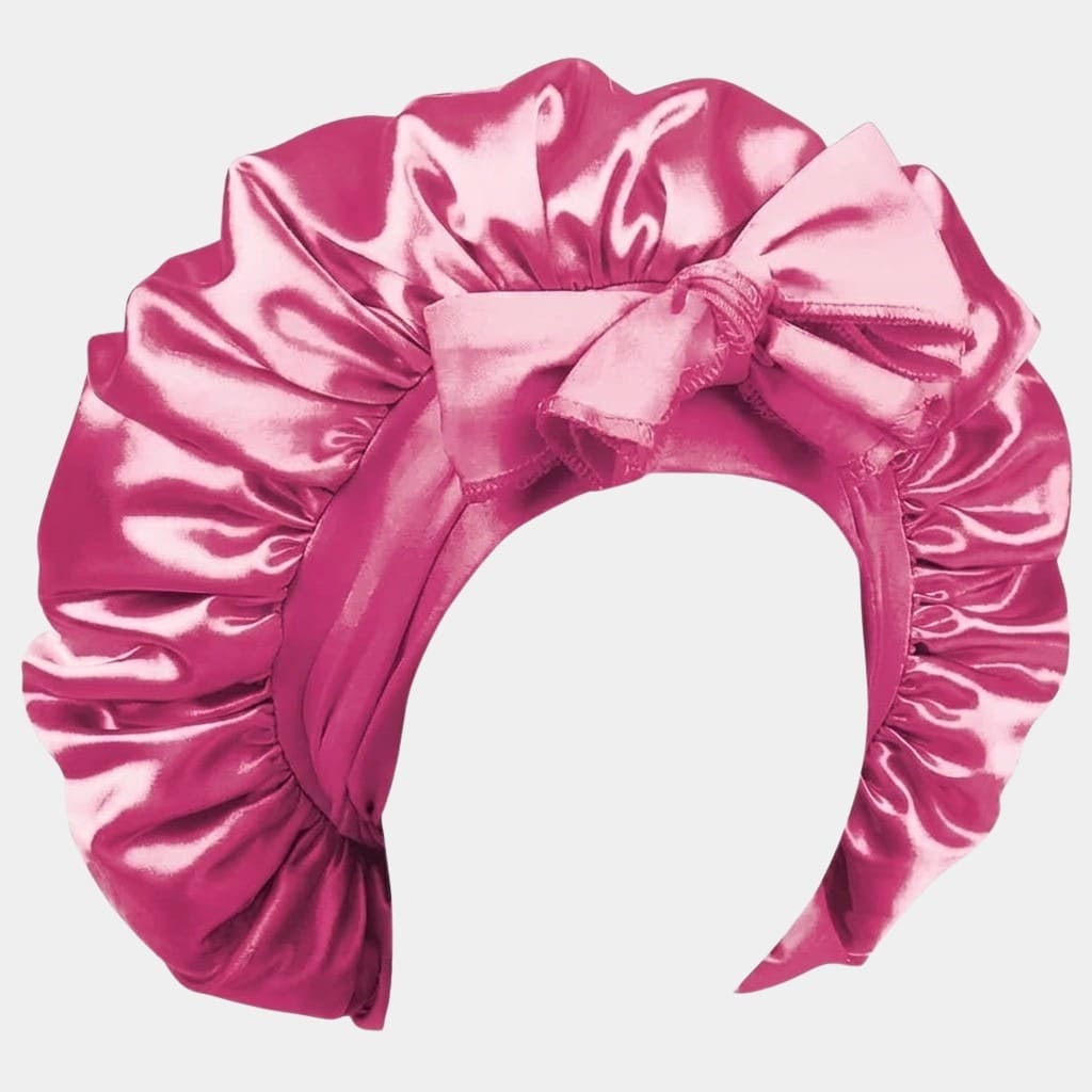 Bonnet de nuit en satin rose fuchsia avec nœud ajustable