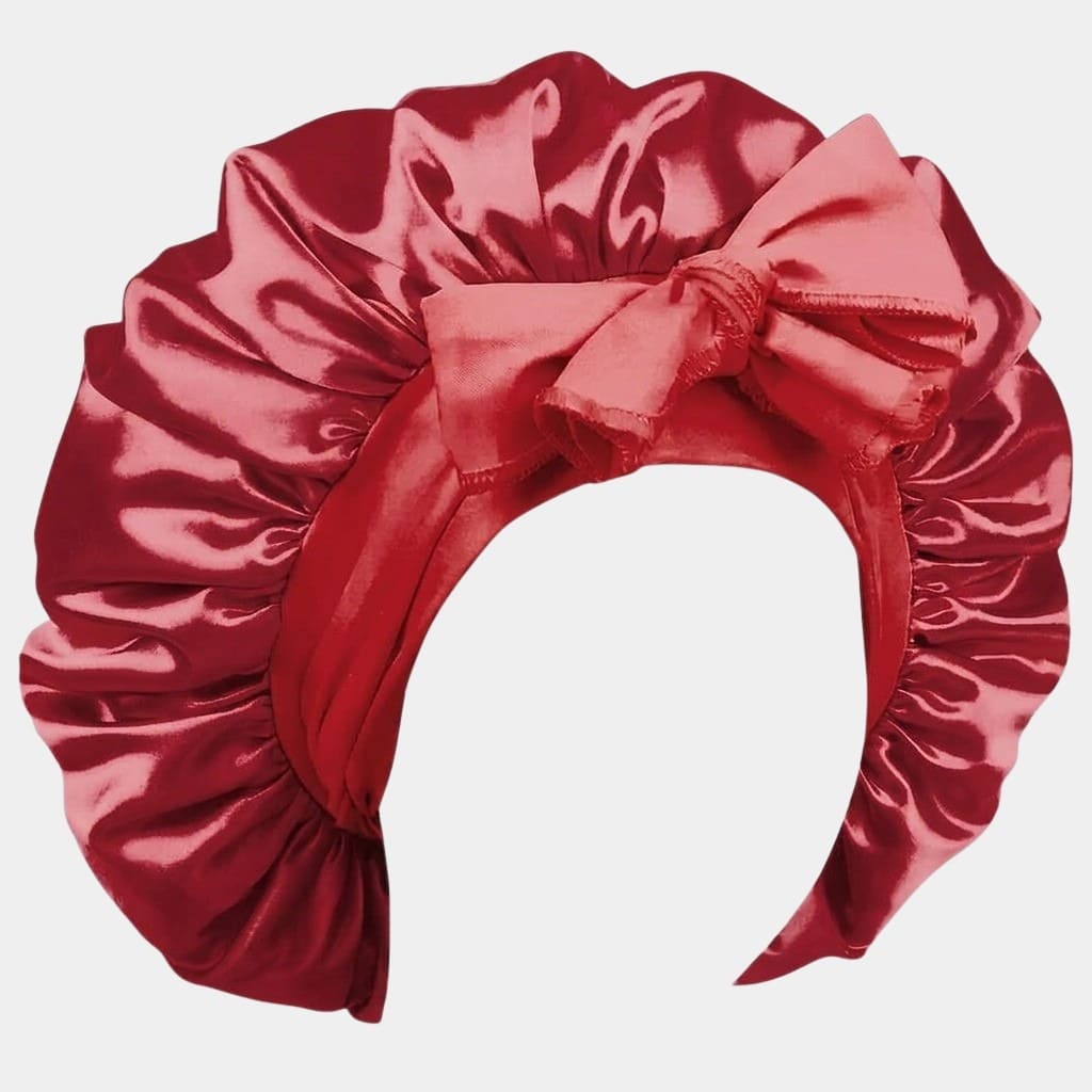 Bonnet de nuit en satin rouge avec nœud ajustable