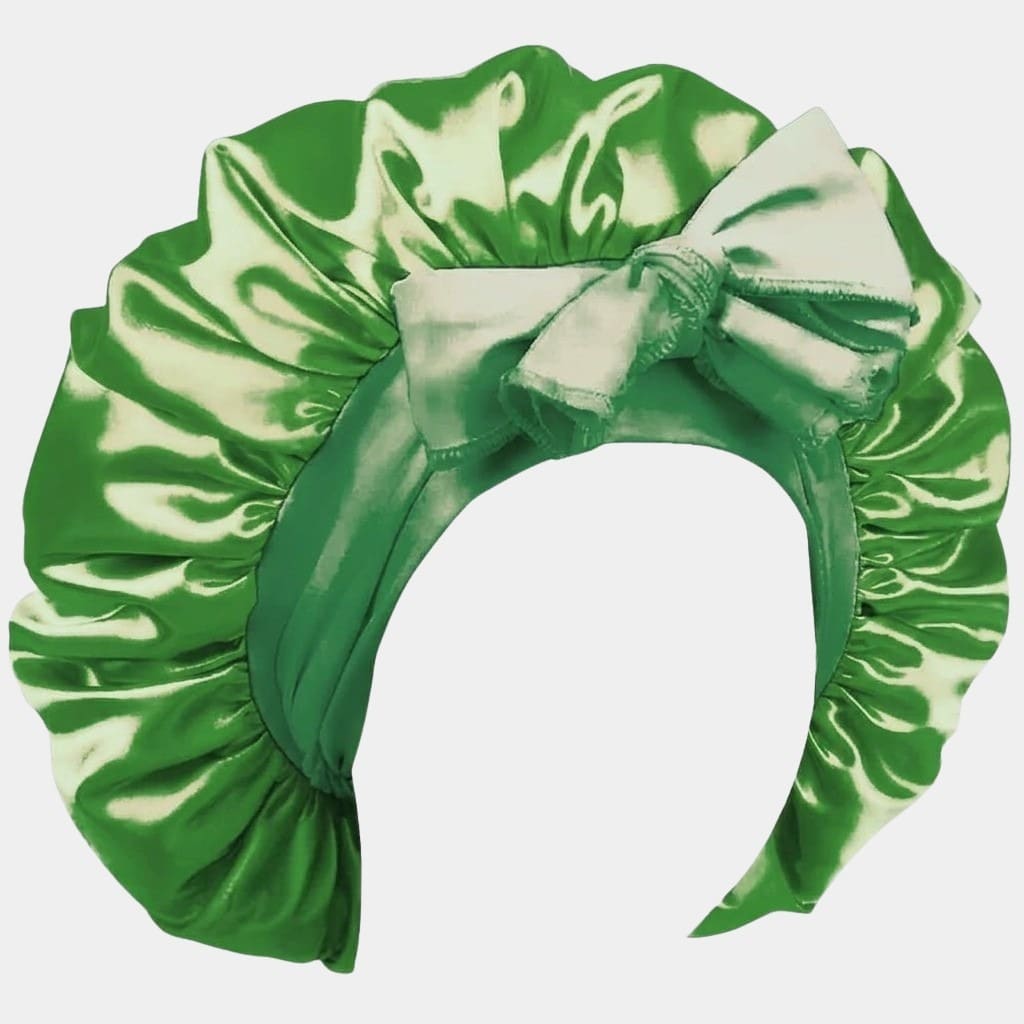 Bonnet de nuit en satin vert avec nœud ajustable