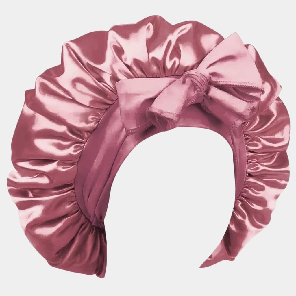 Bonnet de nuit en satin vieux rose avec nœud ajustable