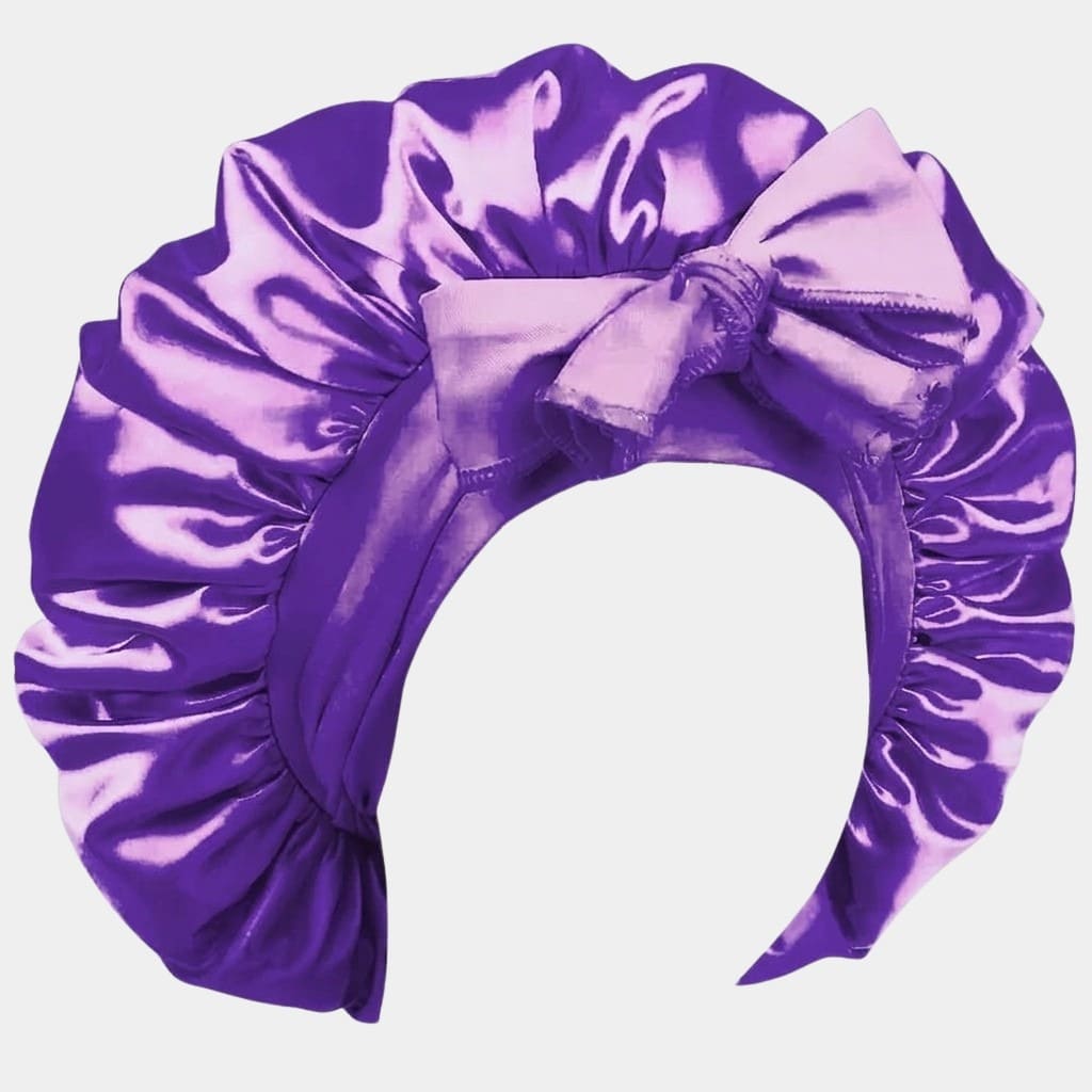 Bonnet de nuit en satin violet foncé avec nœud ajustable
