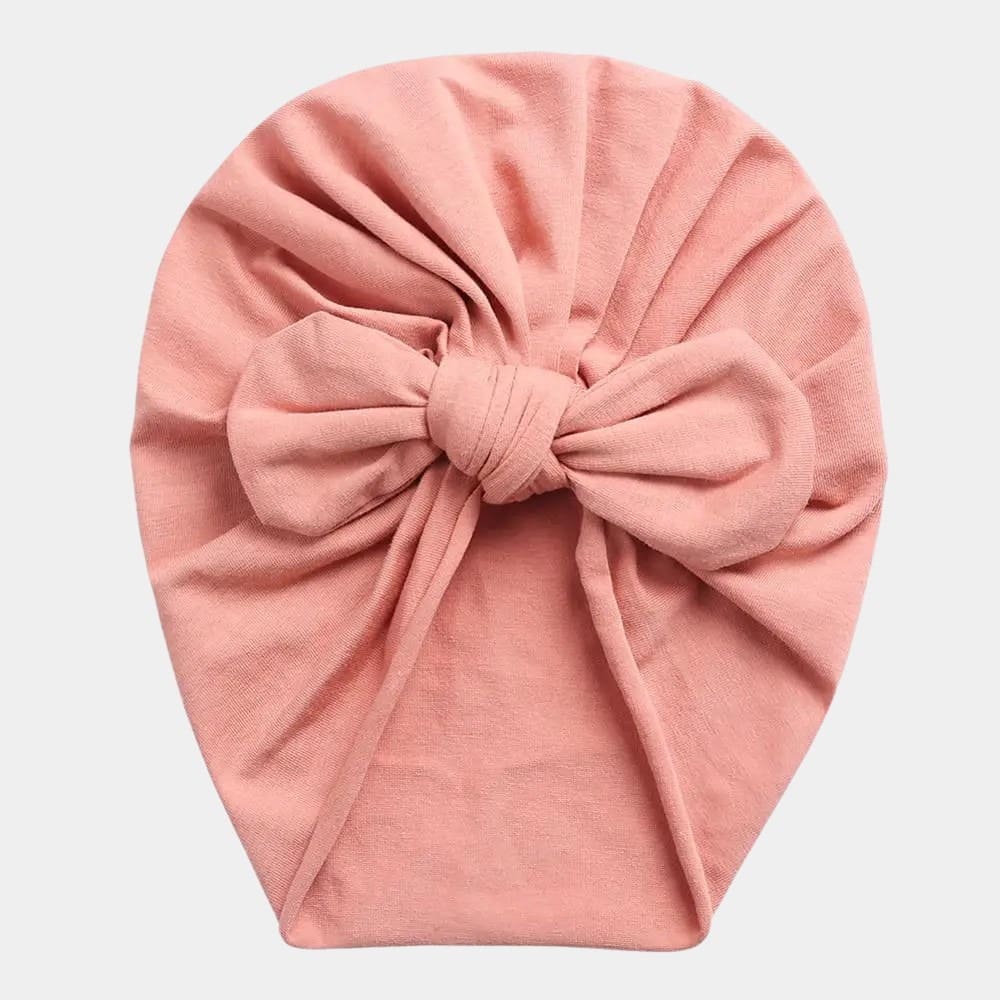 Turban bébé en coton rose melon avec nœud papillon