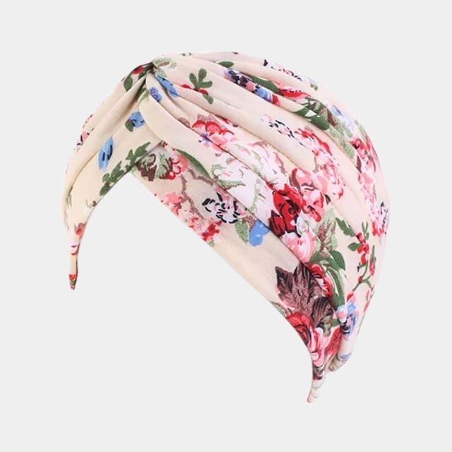 Turban beige à fleurs