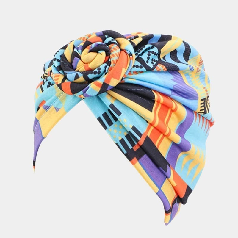 Turban motif africain bleu avec nœud